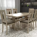Modern Light Wood Dining Table Set with Chairs Gray Cushions and Bright Room Cabinet Decor