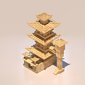 Traditional Wooden Multi Layered Tower Model With Curved Eaves And Roof Structures