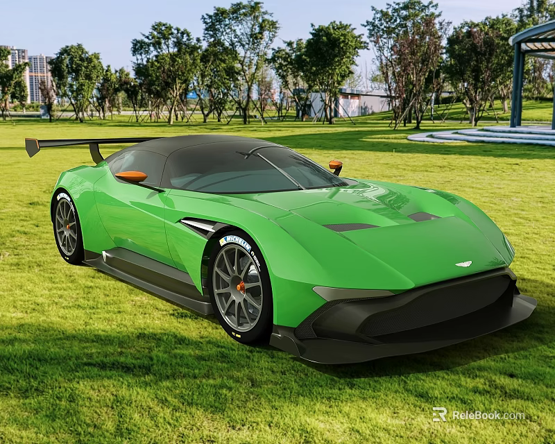 Green Sports Car Parked On Lush Grass Field With Sleek Aerodynamic Design And Black Accents 3d model 
