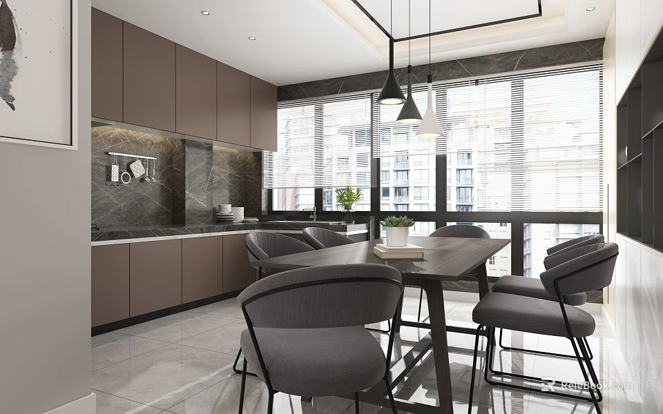 Modern Restaurant Interior With Cabinet Dining Table Chairs And Pendant Lights 3d model