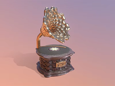 Classic Vintage Gramophone With Golden Horn Design Wooden Base And Ornate Decorative Details 3d model