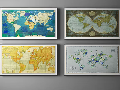 Four Framed World Maps in Different Styles as Decorative Wall Art 3d model