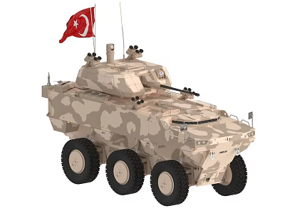 Armored Wheeled Combat Tank With Camouflage Pattern And Turkish Flag On Top 3d model