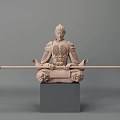 Intricate Seated Warrior Sculpture With Detailed Armor and Long Staff on Square Base