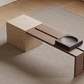 Modern Stone And Wooden Stool With Black Tray On Light Carpet And Wooden Floor