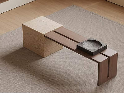 Modern Stone And Wooden Stool With Black Tray On Light Carpet And Wooden Floor 3d model