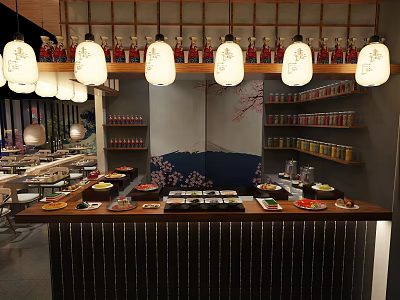 Traditional Asian Restaurant Interior With Hanging Lanterns Food Display Counter And Various Dishes 3d model