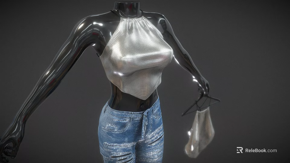 Mannequin Wearing Silver Sequin Halter Top And Blue Distressed Jeans With Transparent Handbag 3d model 