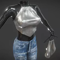 Mannequin Wearing Silver Sequin Halter Top And Blue Distressed Jeans With Transparent Handbag