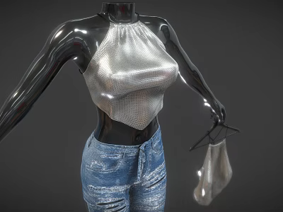 Mannequin Wearing Silver Sequin Halter Top And Blue Distressed Jeans With Transparent Handbag 3d model