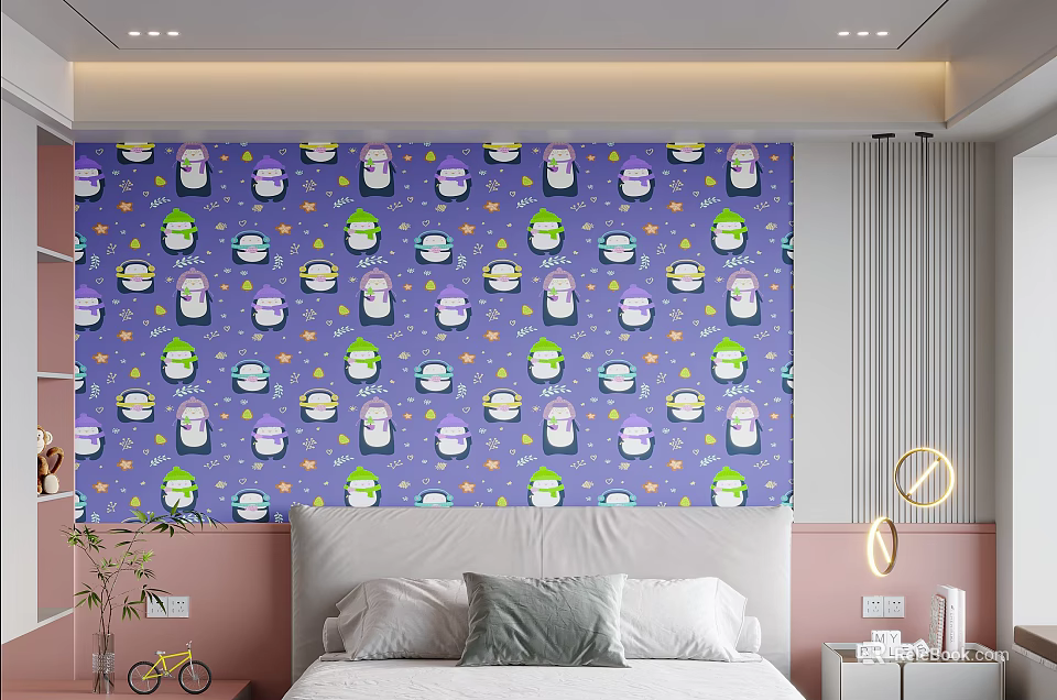 Modern Bedroom Bed Accent Wall With Purple Cartoon Jars 3d model 