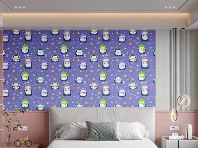 Modern Bedroom Bed Accent Wall With Purple Cartoon Jars 3d model