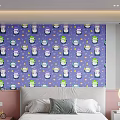 Modern Bedroom Bed Accent Wall With Purple Cartoon Jars