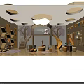 Children's Playroom Interior With Cloud Shaped Chandelier Tree Themed Walls Slide Staircase And Bookshelves