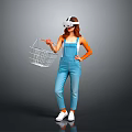 Woman In Blue Overalls Using VR Headset With Shopping Basket On Gray Background