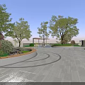 Park Landscape With Green Trees Red Leaf Bushes Paved Walkway Water Fountain And Canopy Structure