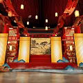 Chinese Style Stage Decorated With Hanging Lanterns Landscape Painting Red Carpet Golden Pillars And Mist