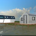 Modern Waterfront Guesthouse Buildings with Wooden Platforms Over Calm Water and Scenic Blue Sky View