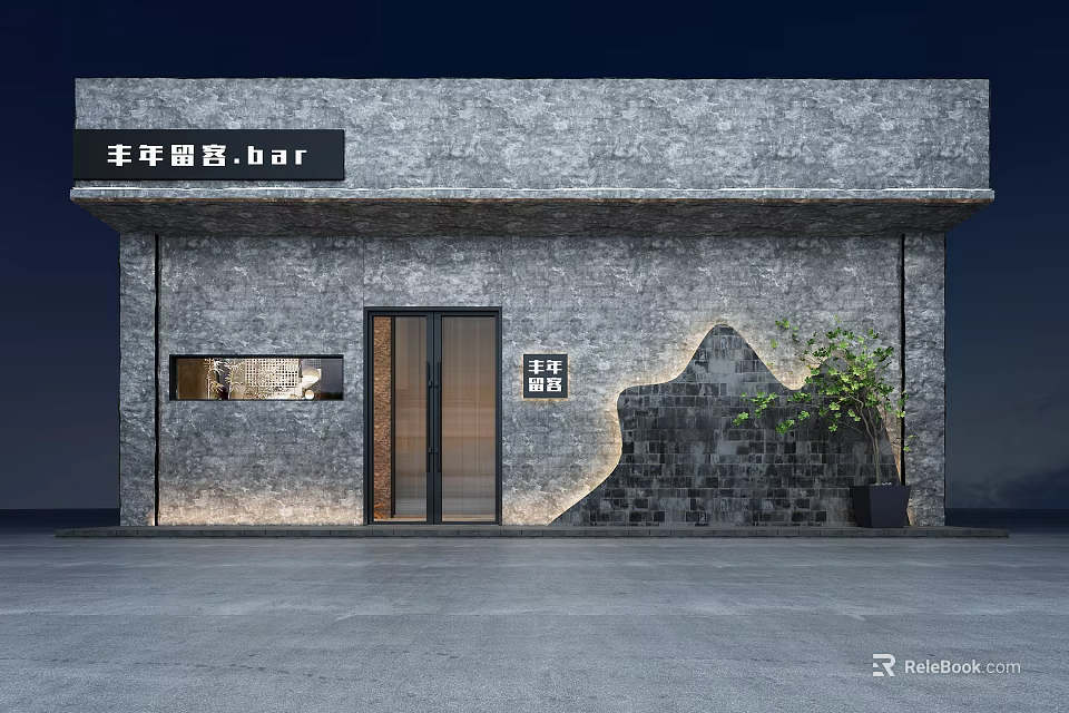 Rustic Bar Storefront With Gray Stone Wall Glass Door Green Plant And Accent Lighting 3d model 