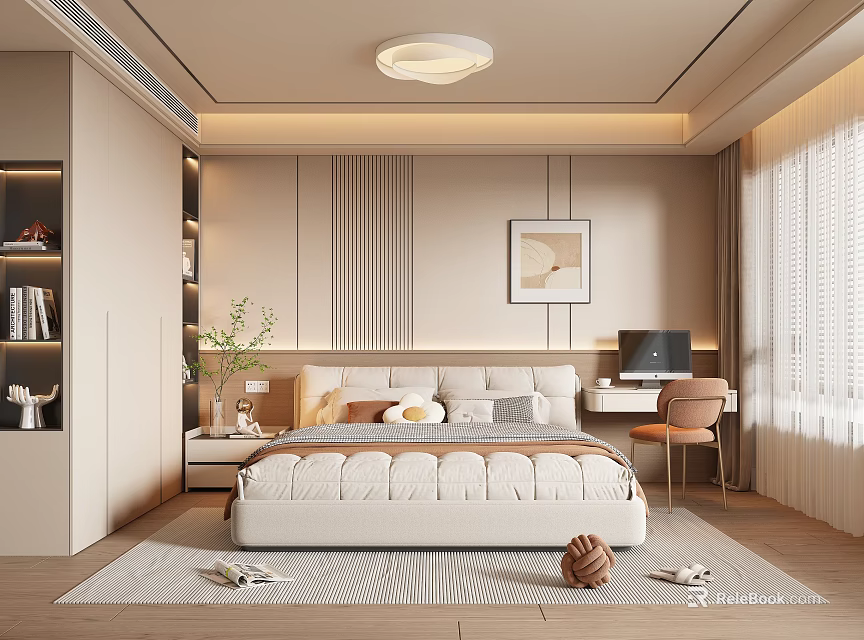 Modern Cozy Bedroom Interior Design With Comfortable Bed Nightstand And Wall Art 3d model 
