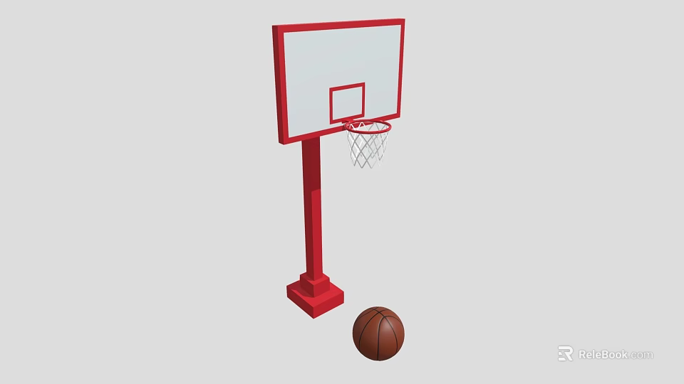 Red Basketball Hoop With White Backboard Rim Net And Brown Ball 3d model 