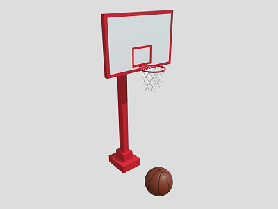 Red Basketball Hoop With White Backboard Rim Net And Brown Ball 3d model