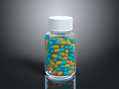 Colorful Blue And Yellow Candy Pieces In Clear Glass Bottle With White Lid 3d model