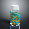 Colorful Blue And Yellow Candy Pieces In Clear Glass Bottle With White Lid