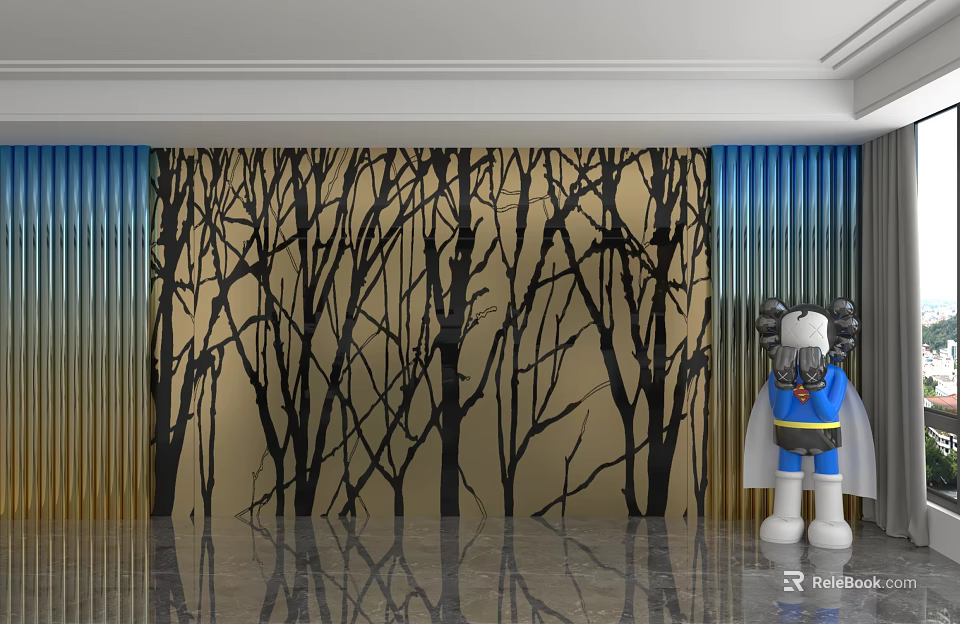 Stylish Background Wall With Black Tree Branch Design Gold Base Blue Curtains And Kaws Figure 3d model 