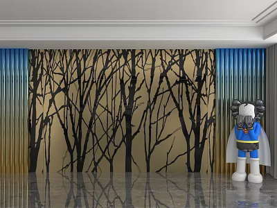 Stylish Background Wall With Black Tree Branch Design Gold Base Blue Curtains And Kaws Figure 3d model
