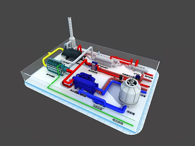Industrial Equipment System Model Featuring Colored Pipes Control Panel Pump And Tank 3d model
