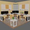 Modern Office Workspace With L Shaped Desk Multiple Monitors Office Chairs Storage Cabinets And Plant