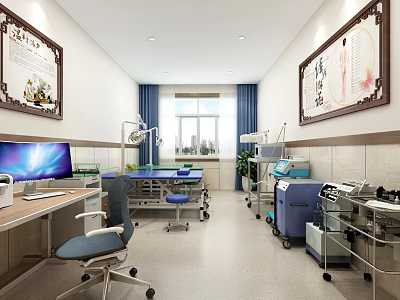 Medical Examination Room Interior With Medical Equipment Desk Computer Examination Bed And Wall Paintings 3d model