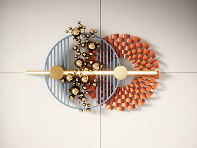 Modern Geometric Wall Decor With Blue Circular Frame Orange Block Design And Golden Spheres 3d model