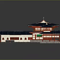 Ancient Architecture with Blue Tiled Roofs Red Wooden Structures and Overhanging Eaves in Classic Design
