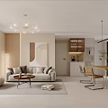 Modern Dining and Living Room With Dining Table Chairs Pendant Lights TV Wall Unit And Plants