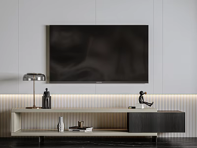 Modern TV Stand With LED Strip Lighting And Decorative Items On Sleek Design 3d model