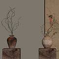 Beige And Brown Vases With Yellow Flowers Twisted Branches Red Accents On Wooden Stands