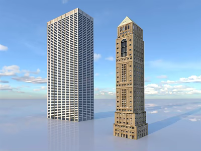 Modern And Classical Office Buildings With High Rise Structure And Ornate Tower Against Blue Sky 3d model