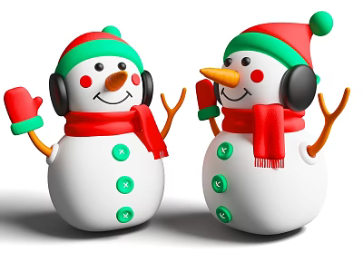 Cute Christmas Snowmen Wearing Red Green Hats Red Scarves And Black Earmuffs 3d model