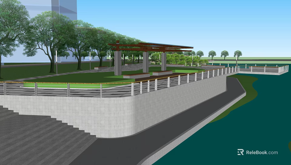 Park Landscape With Pavilion Trees Green Grass And Waterfront Pathway Railing 3d model