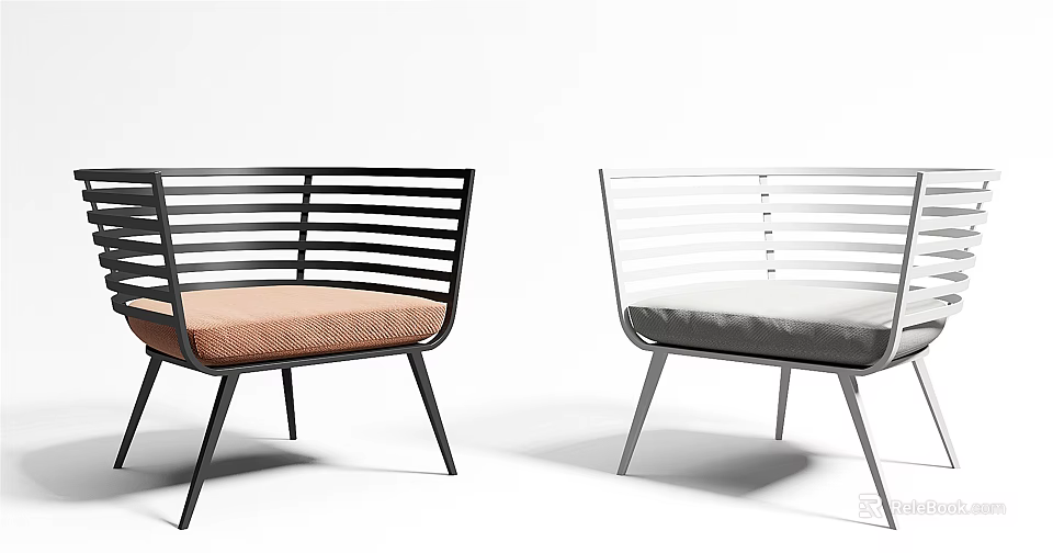 Modern Leisure Chairs with Black White Metal Frame Striped Backrest and Brown Grey Cushions 3d model 
