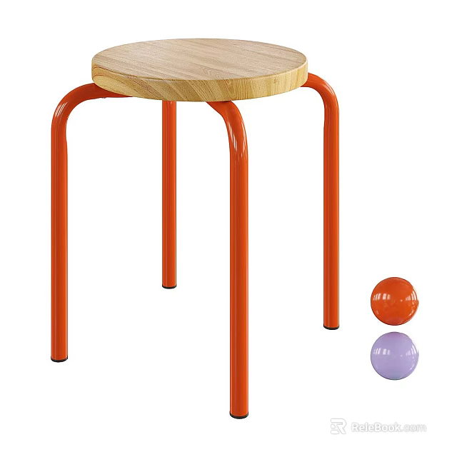 Wooden Top Stool With Orange Metal Legs And Colorful Balls 3d model 