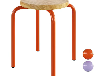 Wooden Top Stool With Orange Metal Legs And Colorful Balls 3d model