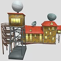 Colorful Cartoon Scene Featuring Yellow Houses Red Roofs Satellite Dishes Tall Tower And Big Eye