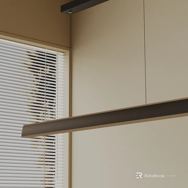 Modern Linear Chandelier Hanging Above Window With White Blinds In Light Beige Wall Interior 3d model 
