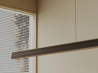 Modern Linear Chandelier Hanging Above Window With White Blinds In Light Beige Wall Interior 3d model