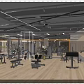 Modern Gym With Various Fitness Equipment Wooden Floor And Black Ceiling Beams