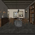 Rustic Restaurant Interior With Thatched Roof Adobe Walls Stone Table And Wooden Chairs
