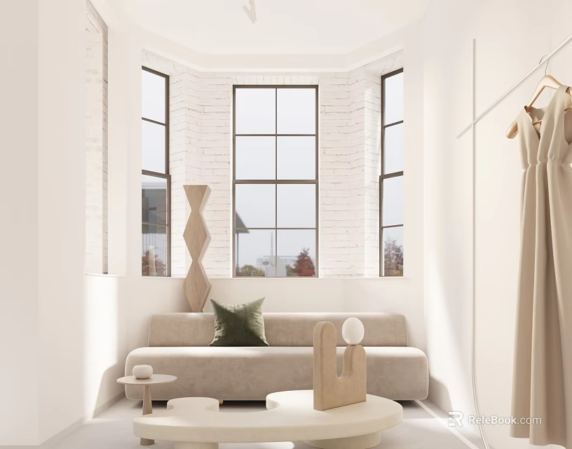 White Clothing Store Interior With Large Windows Sofa Small Table And Hanging Beige Dress 3d model 